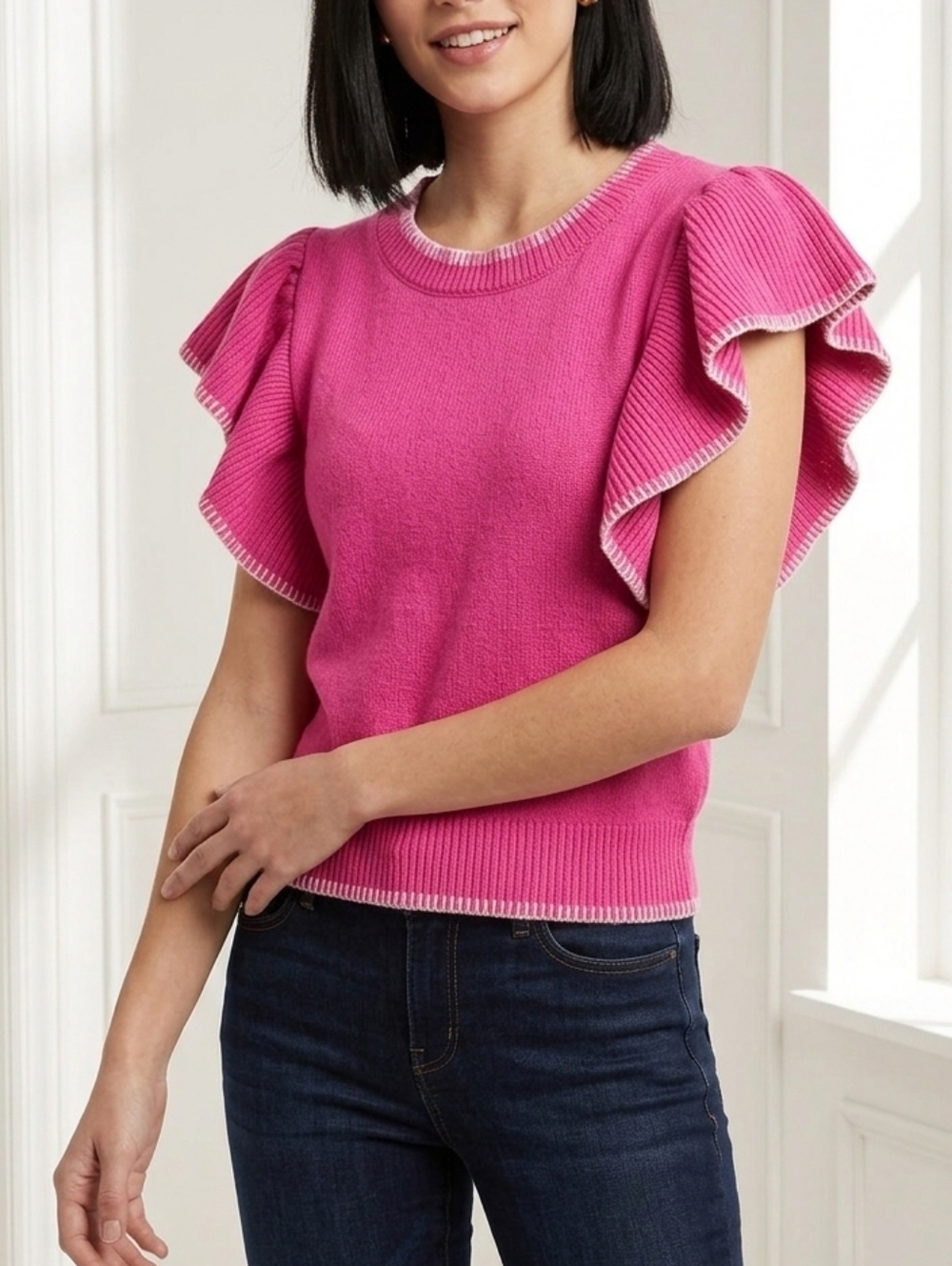 Elegant Pink Flutter Sleeve Knit Sweater 1070